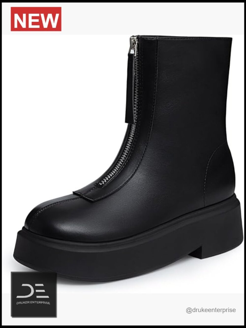 Women's Platform Ankle Boots Chunky Low Heel Front Zipper Round Toe Faux Leather